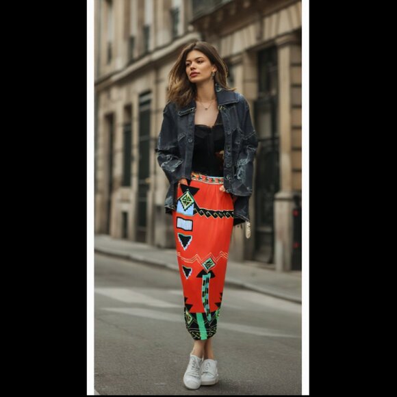 Paganne Dresses & Skirts - Paganne Gene Berk Signed Red Tribal Art Deco Vintage Maxi Skirt, Size 12